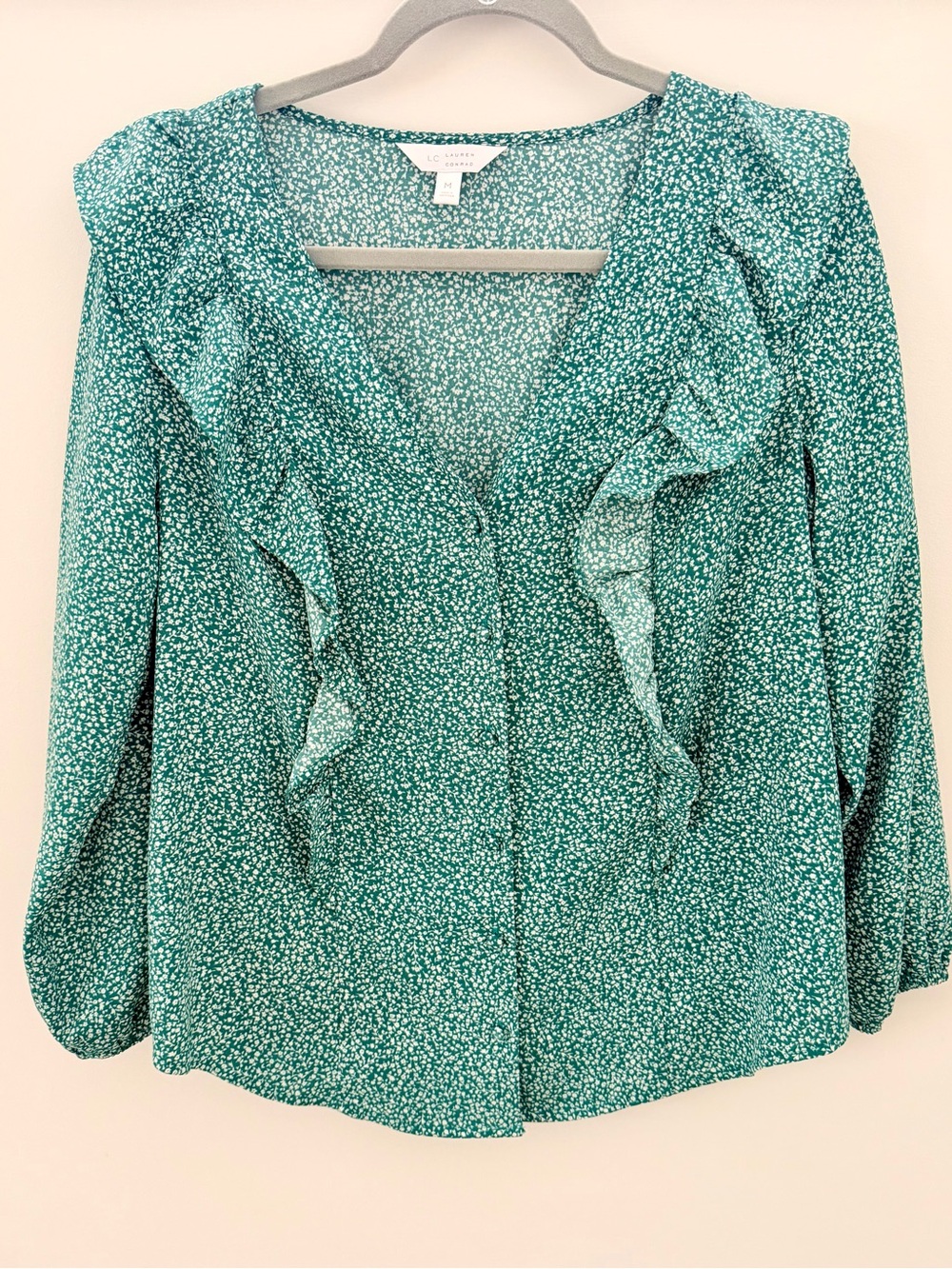 LC Lauren Conrad Teal Green Micro-Print Ruffle Blouse